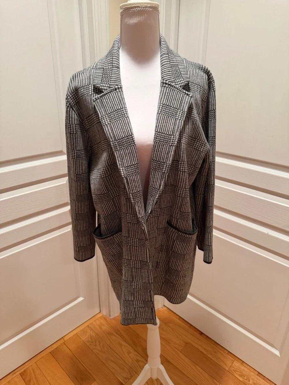 J. Crew Black and Gray Plaid Open-Front Knit Blazer